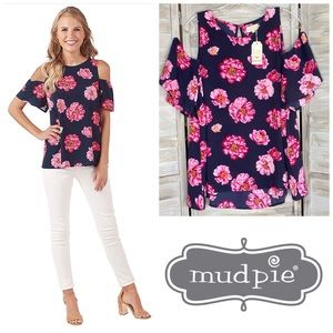 Mud Pie Lawson Top Blue Pink Floral Cold Shoulder NWT size Large L Lg NEW